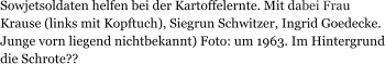 Sowjetsoldaten helfen bei der Kartoffelernte. Mit dabei Frau Krause (links mit Kopftuch), Siegrun Schwitzer, Ingrid Goedecke. Junge vorn liegend nichtbekannt) Foto: um 1963. Im Hintergrund die Schrote??